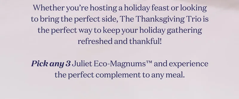 Whether you’re hosting a holiday feast or looking to bring the perfect side, The Thanksgiving Trio is the perfect way to keep your holiday gathering refreshed and thankful!  Pick any 3 Juliet Eco-Magnums™ and experience the perfect complement to any meal.