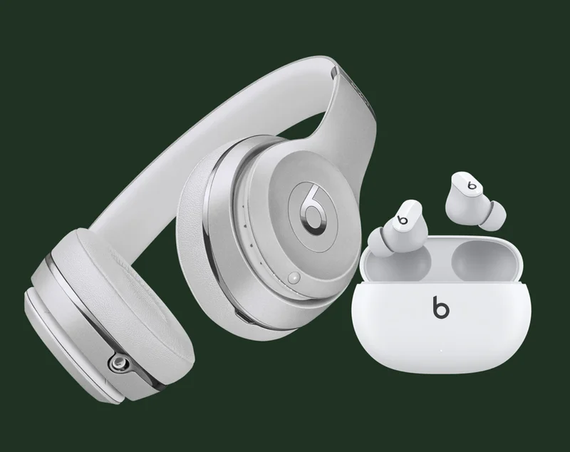 Beats Solo3 Wireless in Silver and Beats Studio Buds in White.