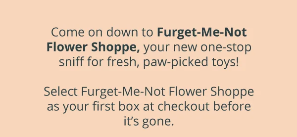 Come on down to Furget-Me-Not Flower Shoppe, your new one-stop sniff for fresh, paw-picked toys!  Select Furget-Me-Not Flower Shoppe as your first box at checkout before it’s gone.