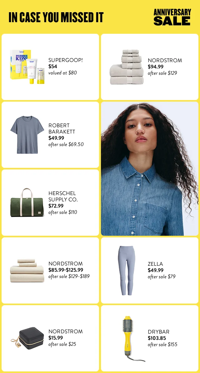 Supergoop! sunscreen set. Nordstrom towel set. Robert Barakett T-shirt. Herschel Supply Co. duffle bag. A woman wearing a blue denim button-up. Nordstrom sheet set. Zella leggings. Nordstrom jewelry box. Drybar blow-dryer brush.