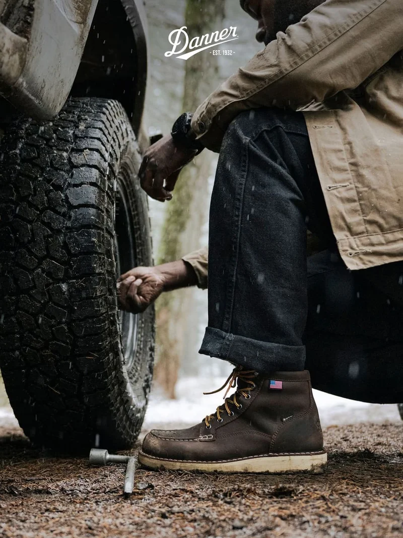 A pair of waterproof brown Bull Run Moc Toe boots