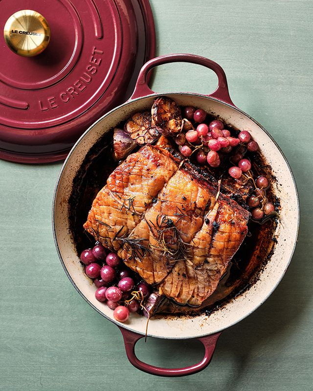 roast prochetta with garlic and grapes