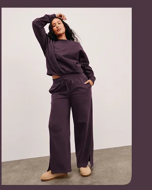 LuxeFleece Tranquil Slit Wide Leg Pant in Eggplant Purple
