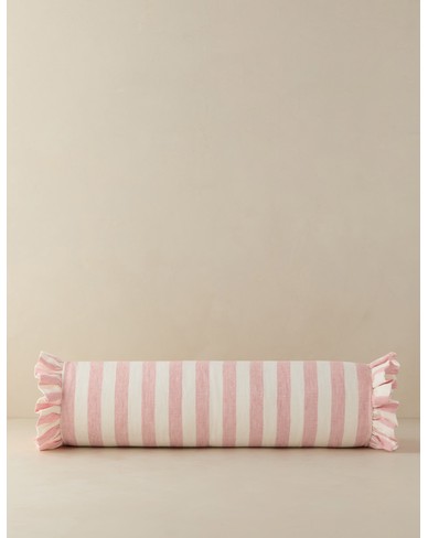 Amaroso Linen Ruffle Bolster Pillow-Pink and Ivory