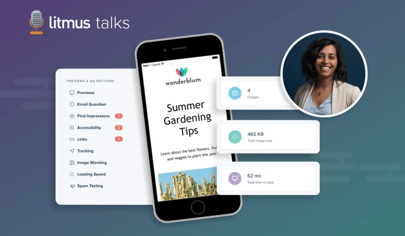 Litmus Talks | Test 1-2-3: How To Make Your Emails Shine with Effective Email Testing hosted by Jaina Mistry with screenshots from the Litmus platform that relate to email testing and an email template.