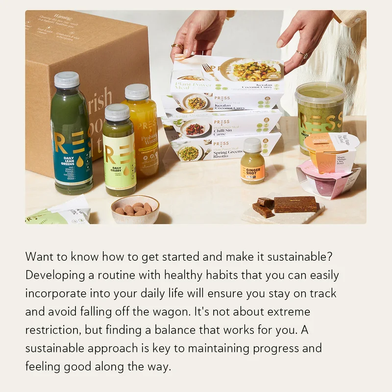 Want to know how to get started and make it sustainable? Developing a routine with healthy habits that you can easily incorporate into your daily life will ensure you stay on track and avoid falling off the wagon. It's not about extreme restriction, but finding a balance that works for you. A sustainable approach is key to maintaining progress and feeling good along the way.
