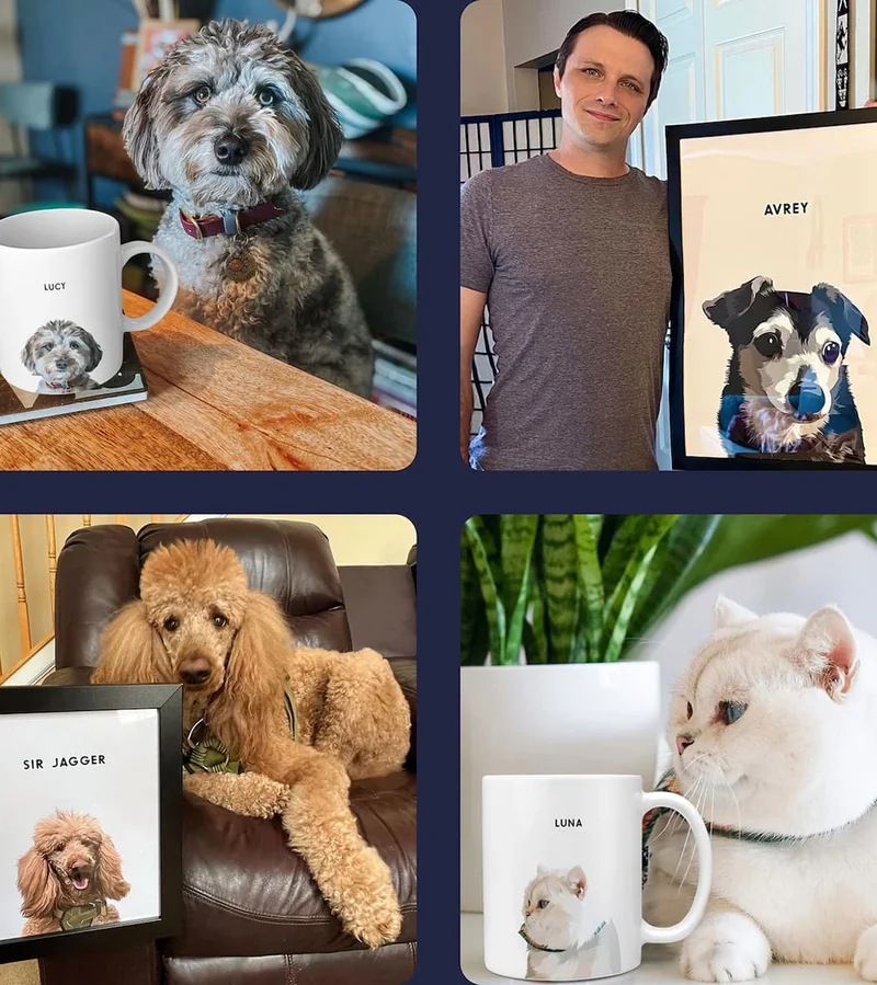 Collage of modern pet portrait mugs