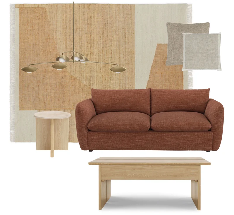 The Leigh fabric in rust says you have an aesthetic without coming off as juvenile, and pops against the geometric shapes on the rug and earthy materials.