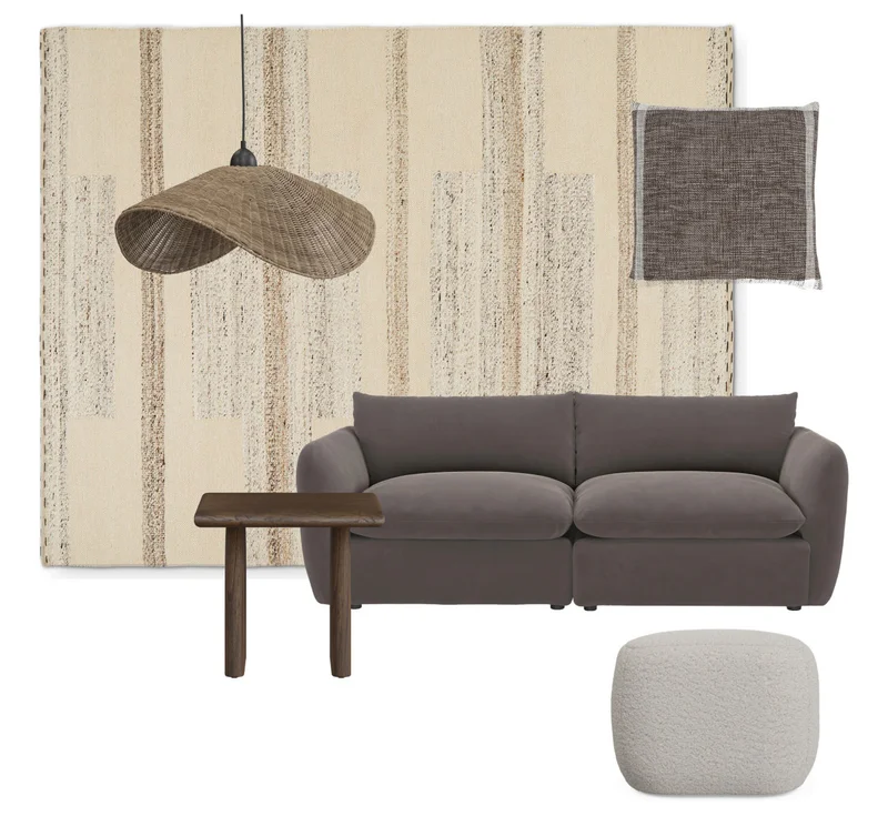 Create something interesting with neutrality by mixing pattern, textures (warm wood and a touch of shearling), and idiosyncratic lighting that draws the eye but doesn’t overwhelm.