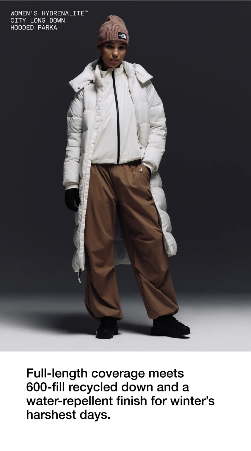 HYDRENALITE CITY LONG DOWN HOODED PARKA. Full-length coverage meets 600-fill recycled down and a water-repellent finish for winter's harshest days.