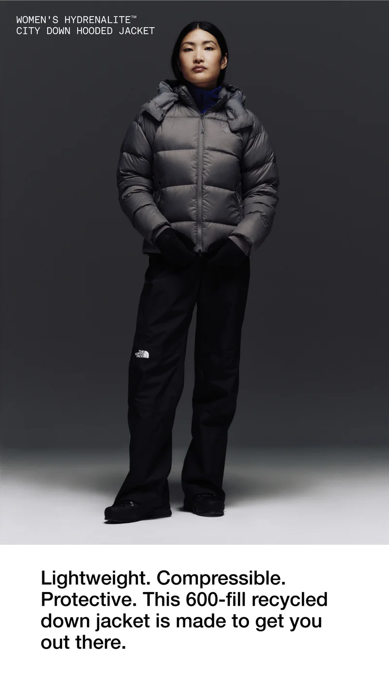 HYDRENALITE CITY DOWN HOODED JACKET.  Lightweight. Compressible. Protective. This 600-fill recycled down jacket is made to get you out there.