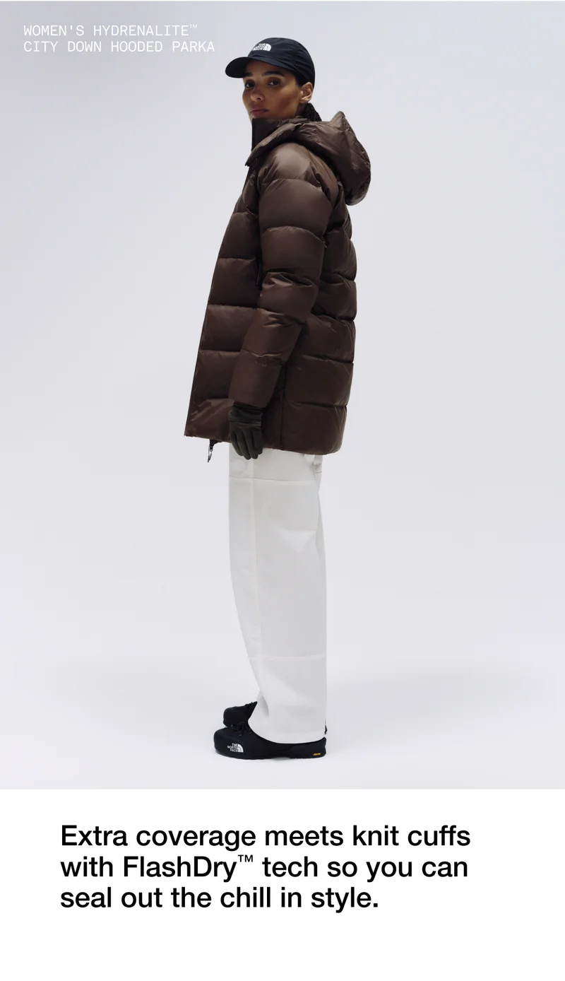 HYDRENALITE CITY DOWN HOODED PARKA. Extra coverage meets knit cuffs with Flash Dry tech so you can seal out the chill in style.