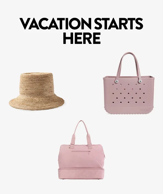 A carry-on bag, shoulder bag, tote, hat, sunglasses and earrings.