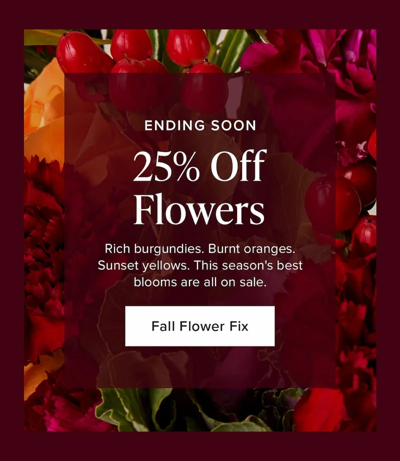 Ending Soon: 25% Off Flowers. Rich burgundies. Burnt oranges. Sunset yellows. This season's best blooms are all on sale. Fall Flower Fix