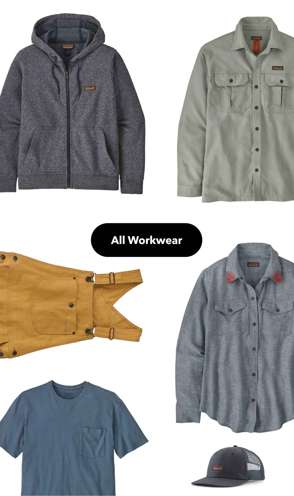 Workwear jacket, sweatshirt, overalls, shirt and hat.