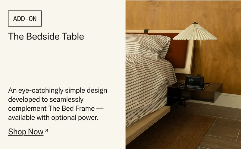 The Bedside Table: An eye-catchingly simple design developed to seamlessly complement The Bed Frame — available with optional power.