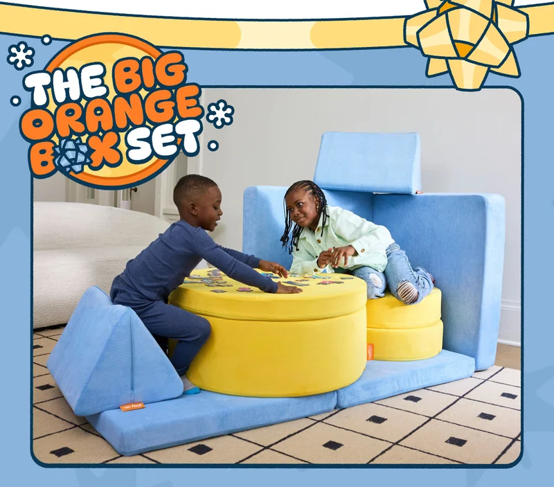 Two children play on their Lemonade Chunk and their Bellbottom Nugget.