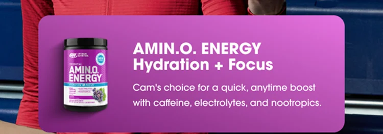 AMIN.O. ENERGY Hydration + Focus Cam’s choice for a quick anytime boost with caffeine, electrolytes, and nootropics.