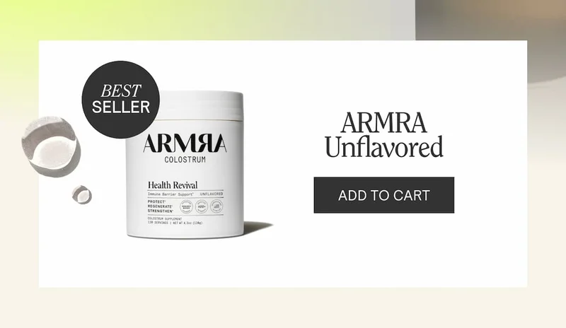 ARMRA Colostrum Health Revival supplement labeled Best Seller with Add to Cart button.