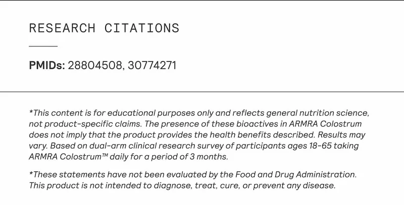 ARMRA research citations with PMIDs and disclaimer noting educational use and FDA non-evaluation.