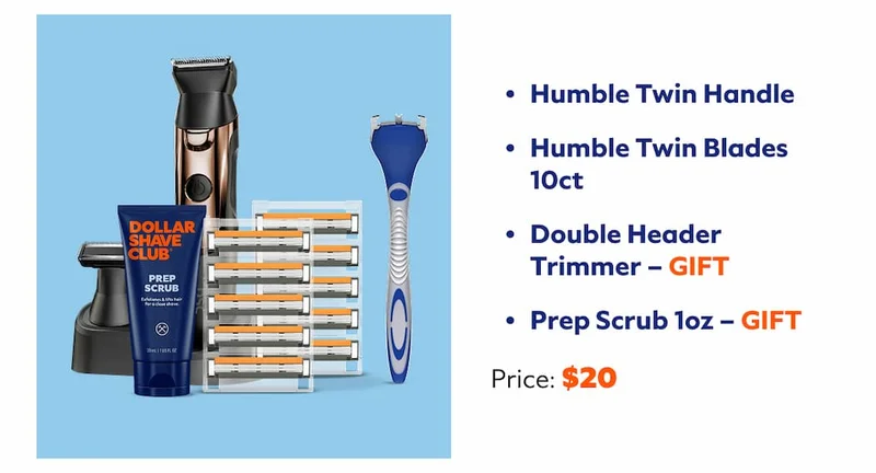 Humble Twin Handle   Humble Twin Blades 10ct   Double Header Trimmer – GIFT   Prep Scrub 1oz – GIFT