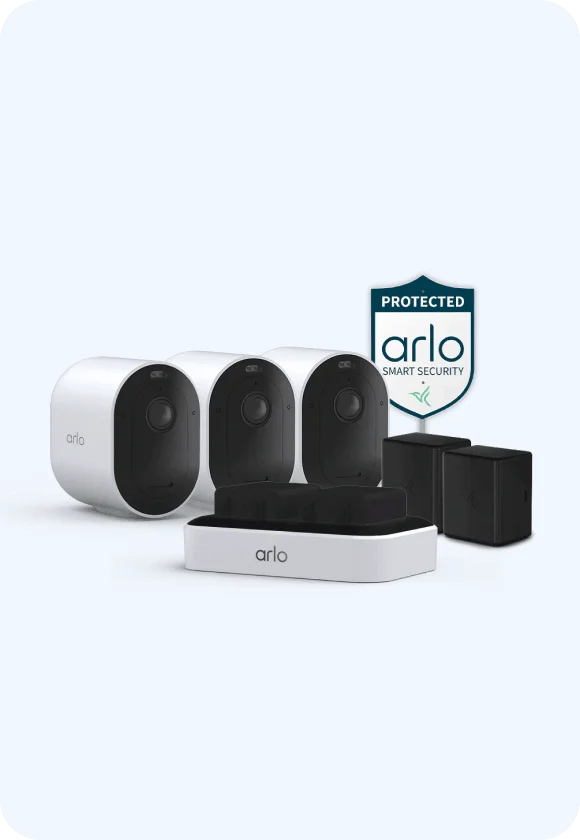 Three Arlo Pro 6 Wireless Security Cameras, an Arlo Yard Sign, and rechargeable batteries.