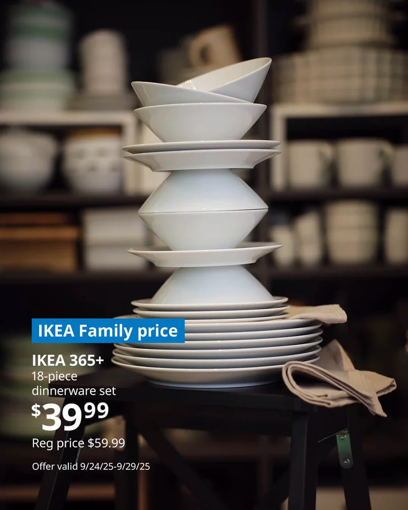 IKEA 365+ 18-piece dinnerware set $39.99
