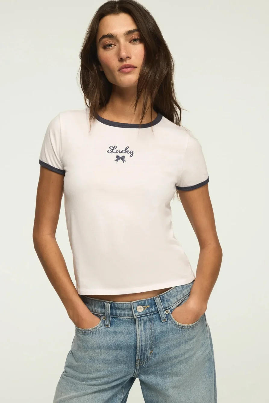 Image of Lucky Brand Lucky Bow Crop Ringer Tee - Women's Clothing Tops Shirts Tee Graphic T Shirts in Bright White