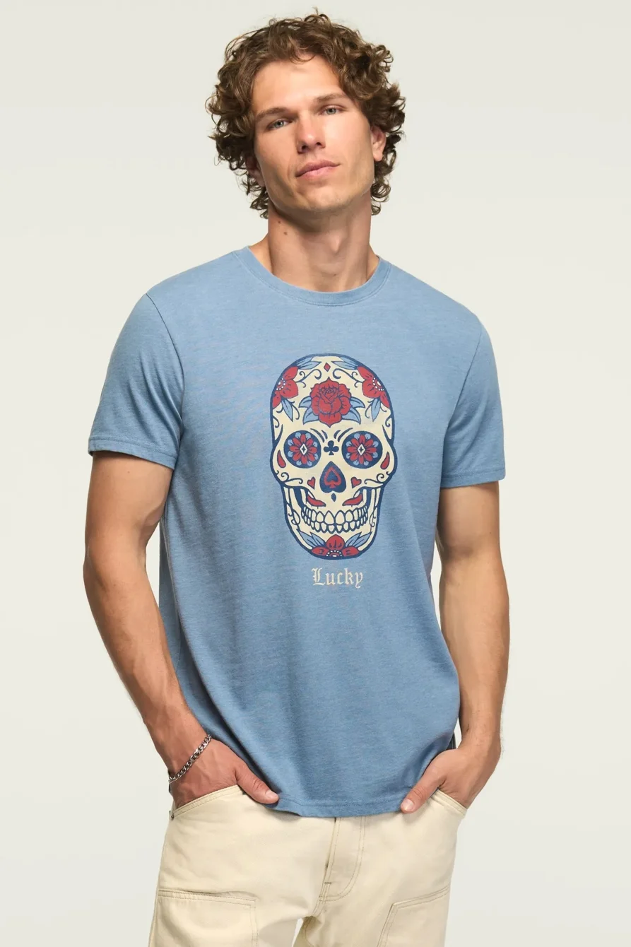 Image of Lucky Brand Sugar Skull Tee - Men's Clothing Tops Shirts Tee Graphic T Shirts in Coronet Blue