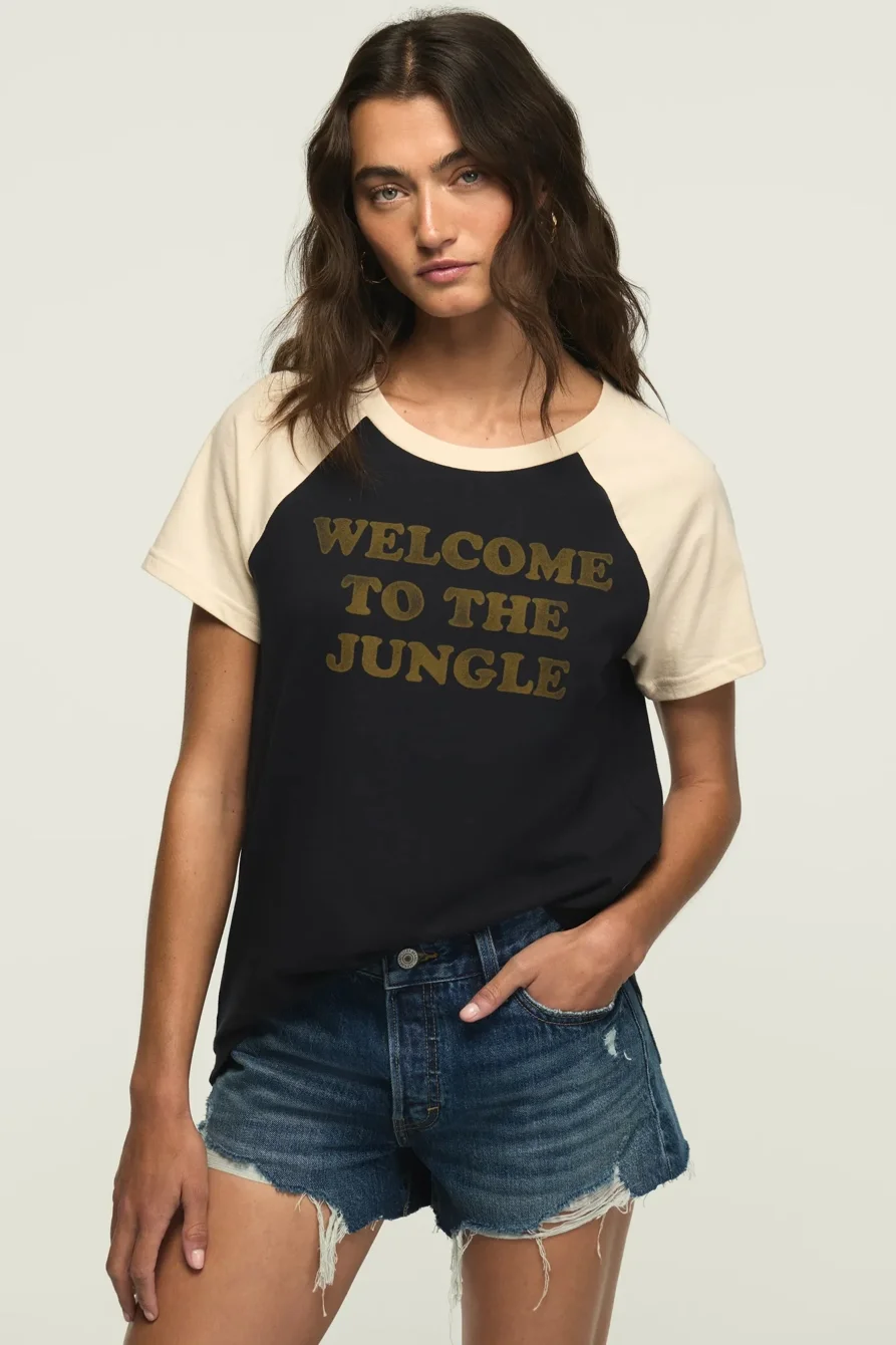 Image of Lucky Brand Welcome To The Jungle Raglan Tee - Women's Clothing Tops Shirts Tee Graphic T Shirts in Caviar