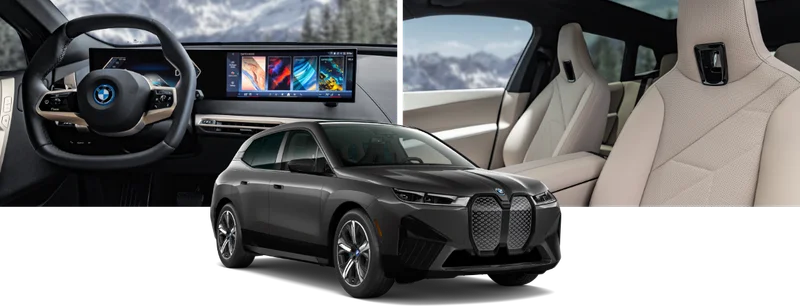 Interior images of the iX, including the steering wheel with the iDrive and leather seats and an image of the iX.