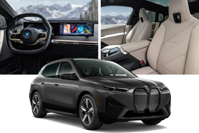 Interior images of the iX, including the steering wheel with the iDrive and leather seats and an image of the iX.