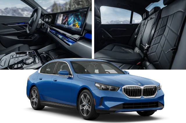 Interior images of the i5, including the steering wheel with the iDrive and leather seats and an image of the i5.