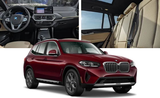 Interior images of the X3, including the steering wheel with the Central Information Display and leather seats and an image of the X3.