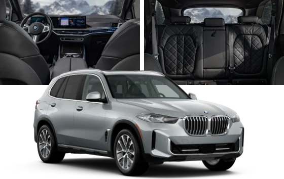 Interior images of the X5, including the steering wheel with the BMW Curved Display and leather seats and an image of the X5.