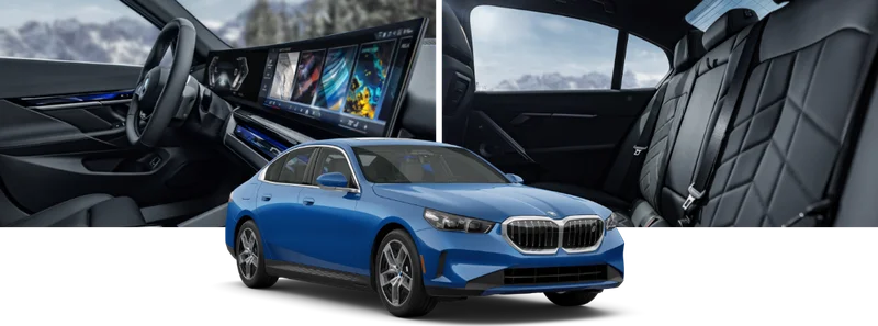 Interior images of the i5, including the steering wheel with the iDrive and leather seats and an image of the i5.