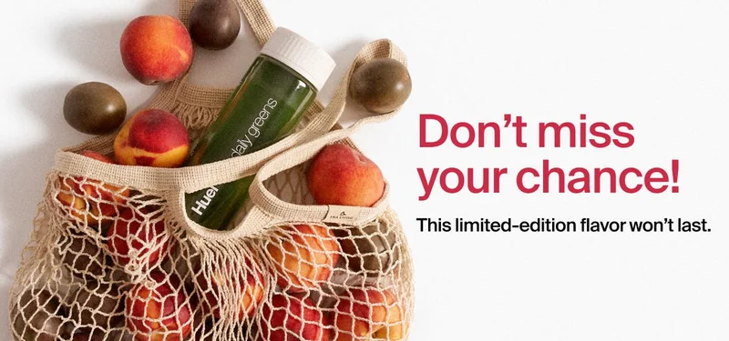 Fresh peaches and passionfruits in a produce back with a daily greens shaker. Don't miss your chance! This flavor won't last.