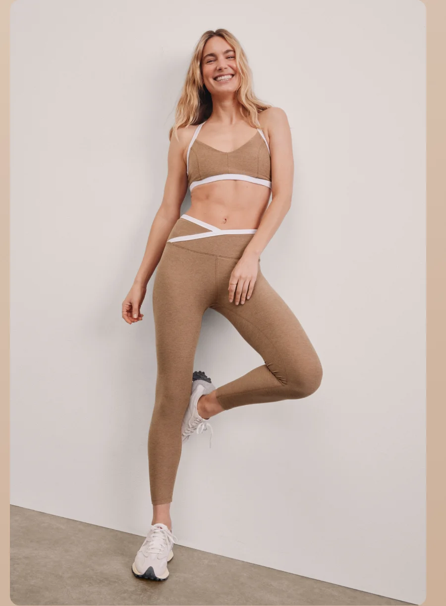Spacedye Outlines High Waisted Midi Legging in Desert Sand Heather/Cloud White