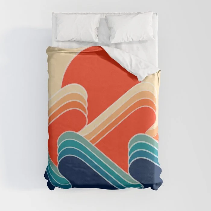 Retro 70s and 80s Color Palette Mid-Century Minimalist Nature Curvy Waves and Sun Abstract Art Duvet Cover Duvet Cover