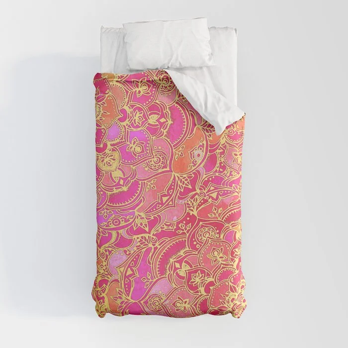 Hot Pink and Gold Baroque Floral Pattern Duvet Cover Duvet Cover