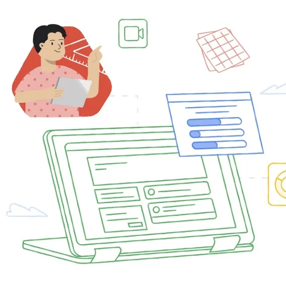 Illustration of a laptop and a student learning