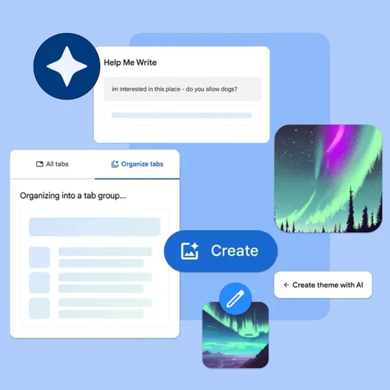 An illustration of generative AI icons like the star, text prompts and a tab that says 'create'