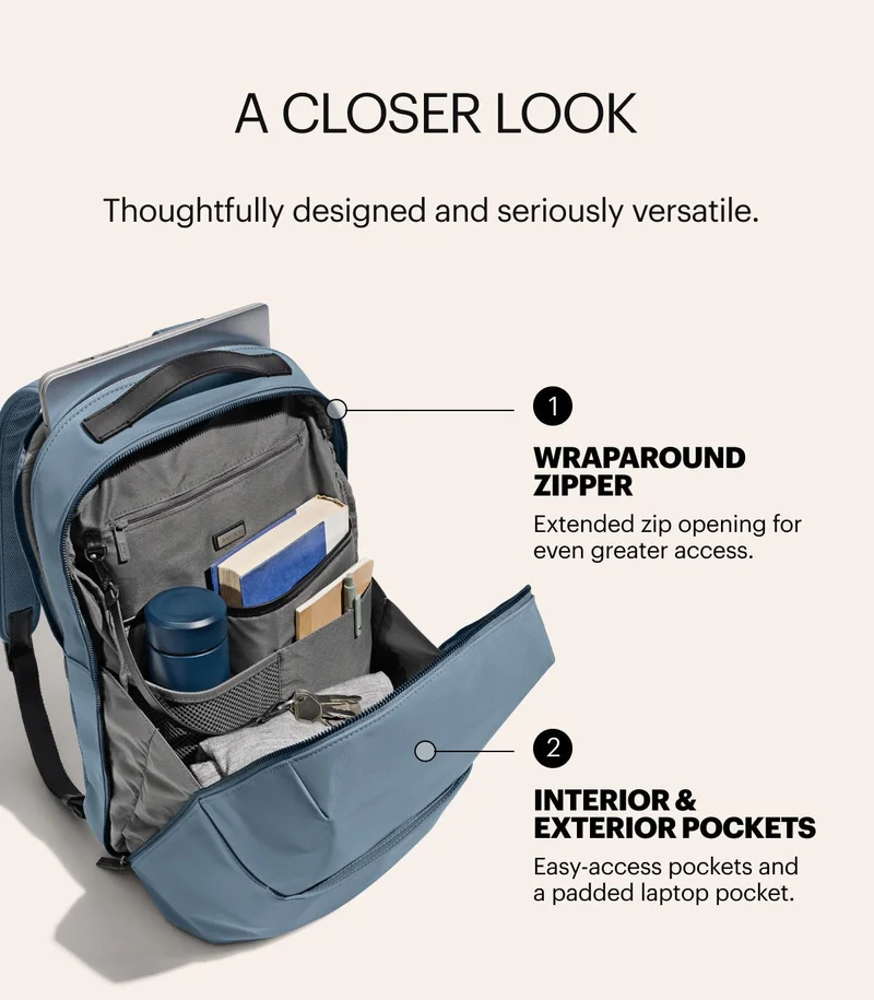 A closer look. Thoughtfully designed and seriously versatile. Wraparound zipper. Interior & exterior pockets