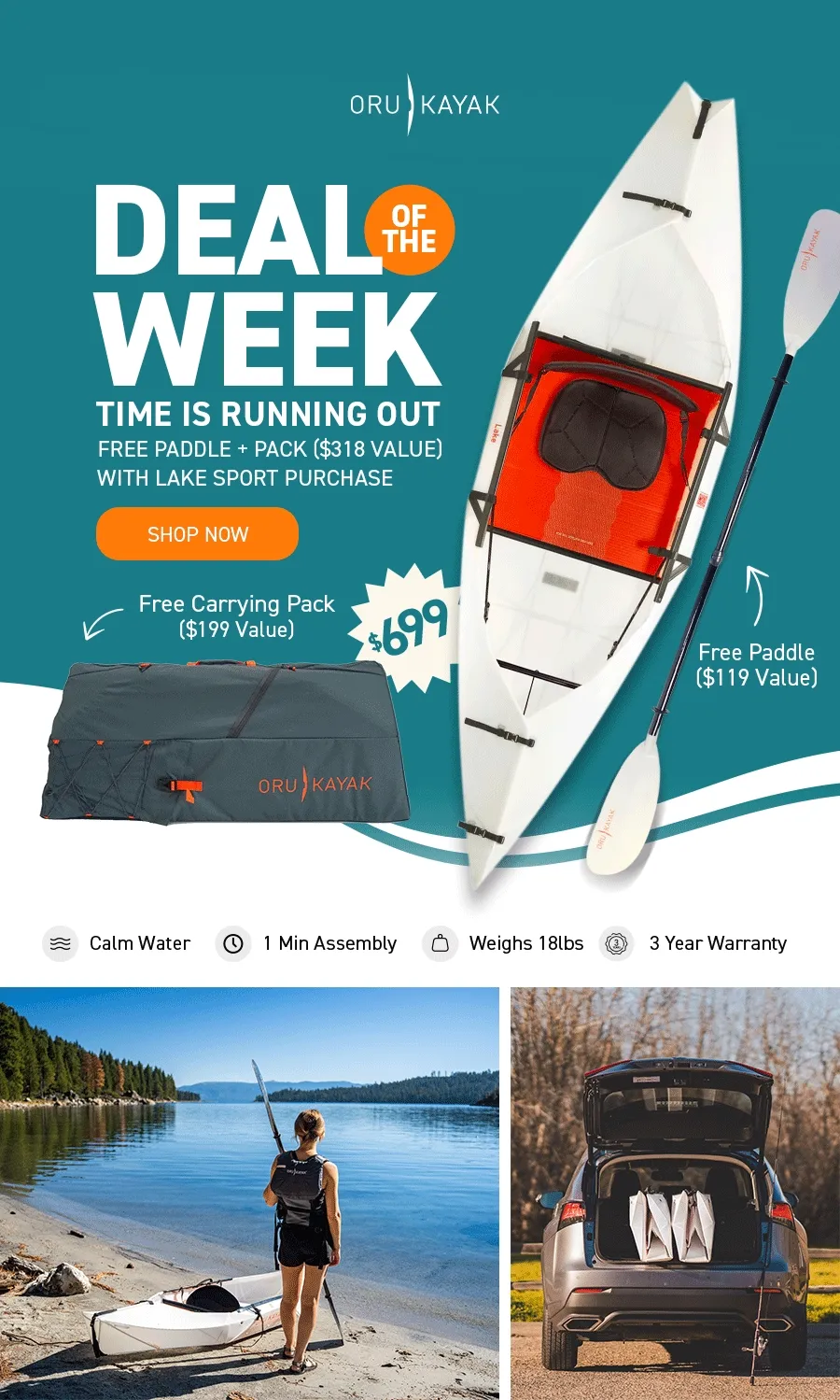 Time Is Running Out! Get a FREE paddle + carrying pack ($318 value) with any kayak purchase! Time Is Running Out! Get a FREE paddle + carrying pack ($318 value) with any kayak purchase!