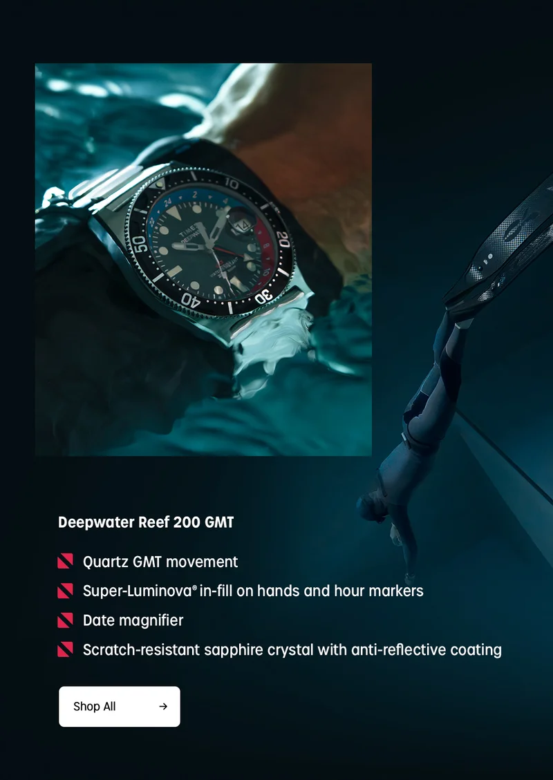 deepwater reef 200 GMT | quartz gmt movement | super-luminova in-fill hands hour markers |
