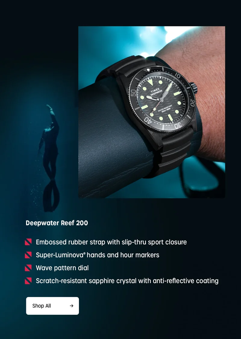 deepwater reef 200 | embossed rubber strap with slip-thru sport closure | super-luminova hands and hour makerse | wave pattern dial | scratch-resistant sapphire crystal with anti-reflective coating | Shop All