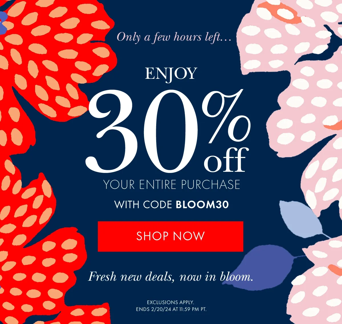Only a few hours left... Enjoy 30% Off Your Entire Purchase With Code discount code SHOP NOW