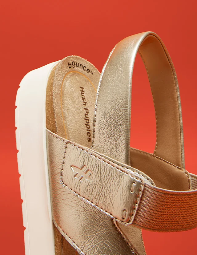 The women’s Savoy Champagne sandal with a slingback strap and perfect-fit elasticized band.
