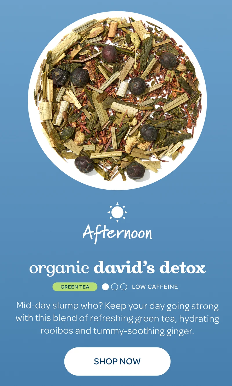 Afternoon: Organic David’s Detox - Mid-day slump who? Keep your day going strong with this blend of refreshing green tea, hydrating rooibos and tummy-soothing ginger. - Shop now