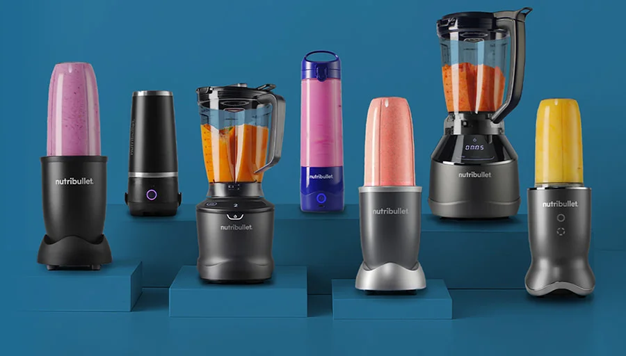 Display of multiple nutribullet blender models in a range of colors and sizes, illustrating daily nutrition support with minimal effort.